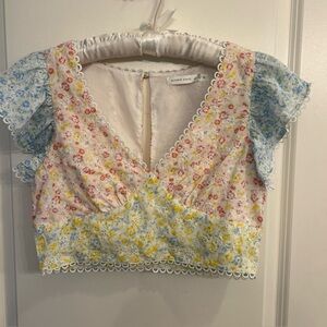 Altar'd State Patchwork Crop Top Size M Floral Flutter Sleeve Eyelet Cottagecore
